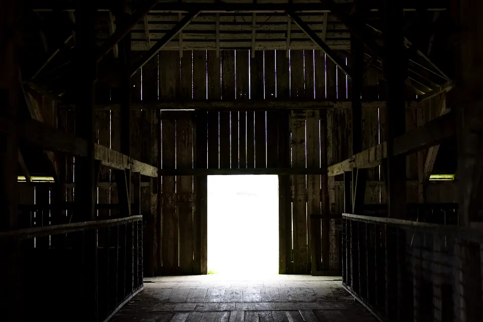 Inside an old timber barn: a dark empty aisle between wooden rails leading to an open doorway filled with daylight